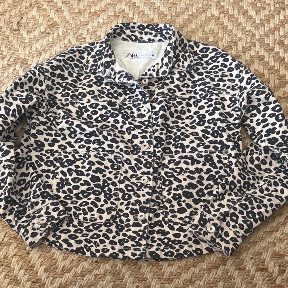 Zara Beige and Black Leopard Print Jean Jacket